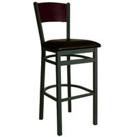 BFM Seating Dale Sand Black Metal Bar Height Chair with Mahogany Finish Wooden Back and 2" Dark Brown Vinyl Seat