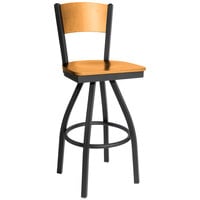 BFM Seating 2150SNTW-NTSB Dale Sand Black Metal Swivel Bar Height Chair with Natural Finish Wooden Back and Seat