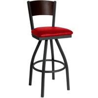 BFM Seating Dale Sand Black Metal Swivel Bar Height Chair with Walnut Finish Wooden Back and 2" Red Vinyl Seat