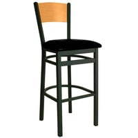 BFM Seating Dale Sand Black Metal Bar Height Chair with Natural Finish Wooden Back and 2" Black Vinyl Seat