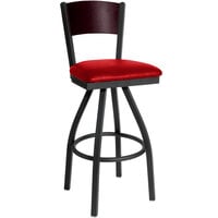 BFM Seating Dale Sand Black Metal Swivel Bar Height Chair with Mahogany Finish Wooden Back and 2" Red Vinyl Seat
