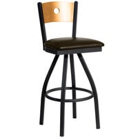 BFM Seating 2152SDBV-NTSB Darby Sand Black Metal Bar Height Chair with Natural Wooden Back and 2" Dark Brown Vinyl Swivel Seat