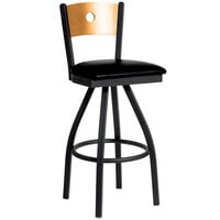 BFM Seating Darby Sand Black Metal Bar Height Chair with Natural Wooden Back and 2" Black Vinyl Swivel Seat