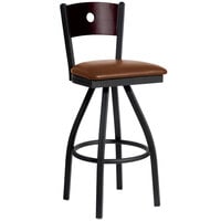 BFM Seating Darby Sand Black Metal Bar Height Chair with Mahogany Wooden Back and 2" Light Brown Vinyl Swivel Seat