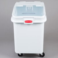 Rubbermaid FG360388WHT ProSave 30.8 Gallon / 490 Cup White Slant Top Mobile Ingredient Storage Bin with Sliding Lid & Scoop