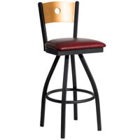 BFM Seating Darby Sand Black Metal Bar Height Chair with Natural Wooden Back and 2" Burgundy Vinyl Swivel Seat