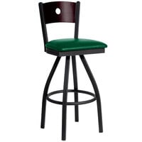 BFM Seating Darby Sand Black Metal Bar Height Chair with Mahogany Wooden Back and 2" Green Vinyl Swivel Seat