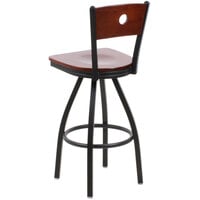 BFM Seating 2152SMHW-MHSB Darby Sand Black Metal Bar Height Chair with Mahogany Wooden Back and Swivel Seat