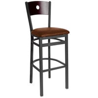 BFM Seating Darby Sand Black Metal Bar Height Chair with Mahogany Wooden Back and 2" Light Brown Vinyl Seat