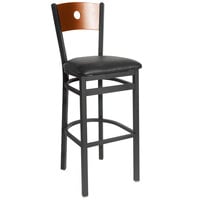 BFM Seating Darby Sand Black Metal Bar Height Chair with Cherry Wooden Back and 2" Black Vinyl Seat