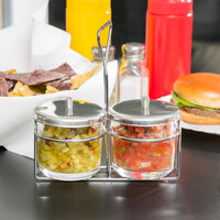 2 Compartment Wire Condiment Caddy with 7 oz. Glass Jars and Stainless Steel Lids