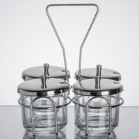 4 Compartment Wire Condiment Caddy with 7 oz. Glass Jars and Stainless Steel Lids