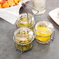 3 Compartment Wire Condiment Caddy with 7 oz. Clear Plastic Jars and Lids