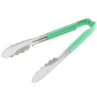Vollrath 4780970 Jacob's Pride 9 1/2 inch Stainless Steel Scalloped Tongs with Green Coated Kool Touch® Handle