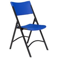 National Public Seating 604 Black Metal Folding Chair with Blue Blow Molded Plastic Back and Seat
