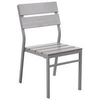 BFM Seating Seaside Soft Gray Stackable Aluminum Outdoor / Indoor Side Chair with Gray Synthetic Teak Back and Seat
