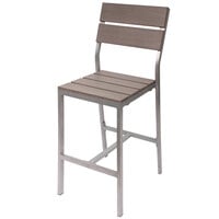 BFM Seating Seaside Soft Gray Aluminum Outdoor / Indoor Side Bar Height Chair with Gray Synthetic Teak Back and Seat