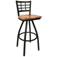 BFM Seating Marietta Sand Black Metal Swivel Bar Height Chair with Autumn Ash Wood Seat