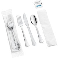 Visions Individually Wrapped Silver Heavy Weight Plastic Cutlery Set with Napkin and Salt and Pepper Packets - 100/Case