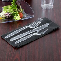 Visions 17 inch x 17 inch Black Pre-Rolled Linen-Feel Napkin and Clear Heavy Weight Plastic Cutlery Set - 25/Pack