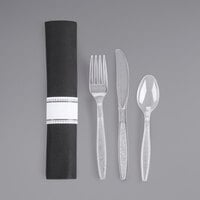 Visions 17 inch x 17 inch Black Pre-Rolled Linen-Feel Napkin and Clear Heavy Weight Plastic Cutlery Set - 100/Case
