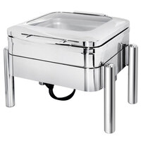 Eastern Tabletop 3977GS Jazz Swing 4 Qt. Stainless Steel Square Chafer with Pillar'd Stand and Hinged Glass Dome Cover