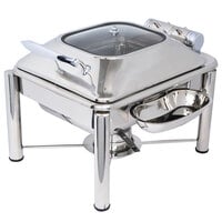 Eastern Tabletop 3964GPL Crown 4 Qt. Stainless Steel Square Induction / Traditional Chafer with Pillar'd Stand and Hinged Glass Dome Cover