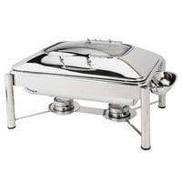 Eastern Tabletop 3935GPL Crown 8 Qt. Stainless Steel Rectangular Induction / Traditional Chafer with Pillar'd Stand and Hinged Glass Dome Cover