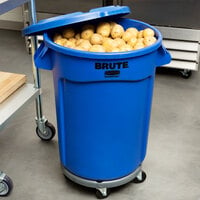 Rubbermaid BRUTE 32 Gallon Blue Round Trash Can with Lid and Dolly