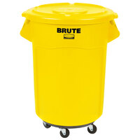 Rubbermaid BRUTE 55 Gallon Yellow Round Trash Can with Lid and Dolly