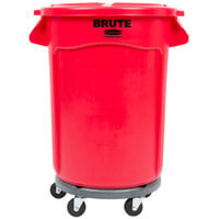Rubbermaid BRUTE 32 Gallon Red Round Trash Can with Lid and Dolly