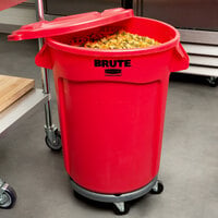 Rubbermaid BRUTE 32 Gallon Red Round Trash Can with Lid and Dolly