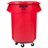 Rubbermaid BRUTE 55 Gallon Red Round Trash Can with Lid and Dolly
