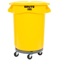 Rubbermaid BRUTE 32 Gallon Yellow Round Trash Can with Lid and Dolly