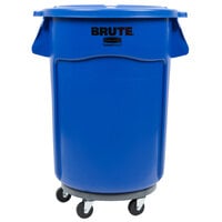 Rubbermaid BRUTE 44 Gallon Blue Round Trash Can with Lid and Dolly