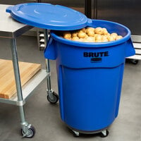 Rubbermaid BRUTE 44 Gallon Blue Round Trash Can with Lid and Dolly