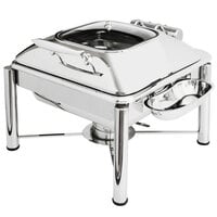 Eastern Tabletop 3934GPL Crown 6 Qt. Stainless Steel Square Induction / Traditional Chafer with Pillar'd Stand and Hinged Glass Dome Cover