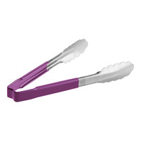 Vollrath 4780980 Jacob's Pride 9 1/2" Stainless Steel Scalloped Tongs with Purple Allergen-Free Coated Kool Touch® Handle