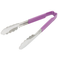Vollrath 4780980 Jacob's Pride 9 1/2 inch Stainless Steel Scalloped Tongs with Purple Coated Kool Touch® Handle