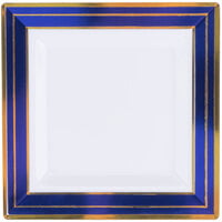Fineline 5504-WH-BG Silver Splendor 4 1/2 inch Square White Plastic Plate with Blue Rim and Gold Bands - 120/Case