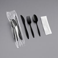 Choice Medium Weight Black Wrapped Plastic Cutlery Set with Napkin - 250/Case