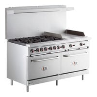 Cooking Performance Group S60-G36-N Natural Gas 4 Burner 60 Range with 36  Griddle and 2 Standard Ovens - 240,000 BTU