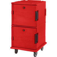 Cambro UPC1600SP158 Ultra Camcarts® Hot Red Insulated Food Pan Carrier with Heavy-Duty Casters and Security Package - Holds 24 Pans