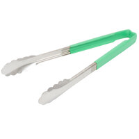 Vollrath 4781270 Jacob's Pride 12 inch Stainless Steel Scalloped Tongs with Green Coated Kool Touch® Handle