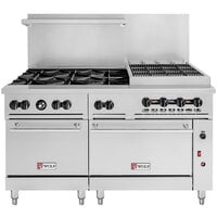Wolf C60SS-6B24CBN Challenger XL Series Natural Gas 60" Range with 6 Burners, 24" Charbroiler, and 2 Standard Ovens - 302,000 BTU