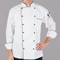 Mercer Culinary Renaissance® M62090 White Men's Customizable Traditional Neck Chef Jacket with Full Black Piping