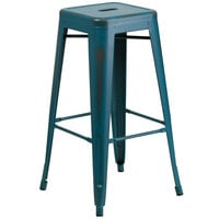 Flash Furniture ET-BT3503-30-KB-GG Distressed Kelly Blue Stackable Metal Bar Height Stool with Drain Hole Seat