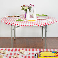 Creative Converting 37288 Stay Put Red Gingham 60 inch Round Plastic Tablecloth with Elastic