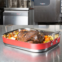 Tablecraft CW2032R 6 Qt. Red Tri-Ply Stainless Steel Roasting Pan - 14 1/2 inch x 11 3/4 inch x 2 1/2 inch