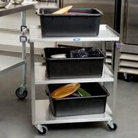 Lakeside 311A Standard-Duty Stainless Steel 3 Shelf Utility Cart with Purple Handle and Leg Bumpers - 16 1/4 inch x 27 1/2 inch x 32 1/8 inch